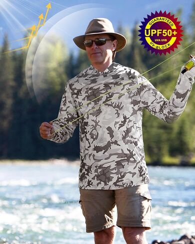 FISHEAL UPF 50+ Mens Fishing Shirts with Hood, Long Sleeve Sun Protection Hunting Shirt, Lightweight Camo Shirt for Hiking in Saudi Arabia
