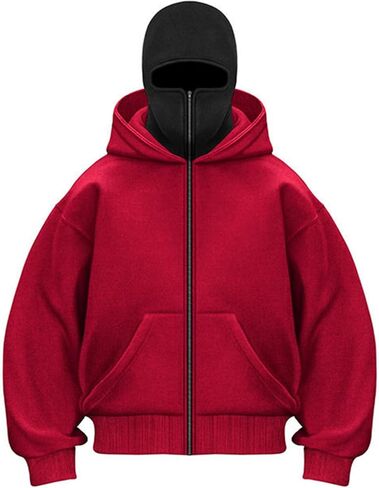 Fleece Lined Zip Up Hoodie Men with Face Mask - Mens Full-Zip Winter Double Layer Hooded Sweatshirt Fall Fashion 2025 in Saudi Arabia