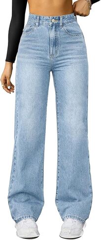 Straight Leg Jeans for Women,High Waisted Wide Leg Loose Microelastic Boyfriend Denim Pants A-Blue in Kuwait