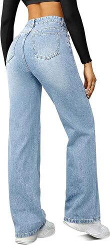 Straight Leg Jeans for Women,High Waisted Wide Leg Loose Microelastic Boyfriend Denim Pants A-Blue in Kuwait