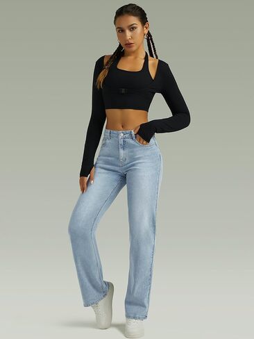 Straight Leg Jeans for Women,High Waisted Wide Leg Loose Microelastic Boyfriend Denim Pants A-Blue in Kuwait