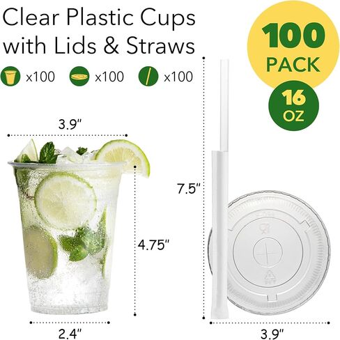 100 Pack 16 oz Clear Plastic Cups with Lids and Straws, Disposable Coffee Cups with Lids, To Go Iced Coffee Cups with Lids, Disposable Cups for Party, Smoothie Cup for Cold Drinks in Saudi Arabia