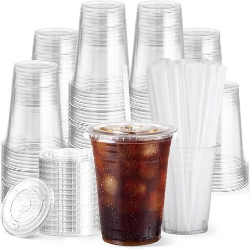 100 Pack 16 oz Clear Plastic Cups with Lids and Straws, Disposable Coffee Cups with Lids, To Go Iced Coffee Cups with Lids, Disposable Cups for Party, Smoothie Cup for Cold Drinks in Saudi Arabia
