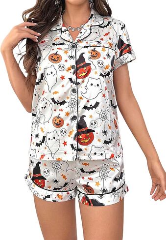 Womens Halloween Pajamas مجموعة الحرير شبح اليقطين طباعة زر قصير الأكمام مع القمامة مع سروال سمين صالة ملابس النوم in Kuwait
