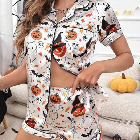Womens Halloween Pajamas مجموعة الحرير شبح اليقطين طباعة زر قصير الأكمام مع القمامة مع سروال سمين صالة ملابس النوم in Kuwait