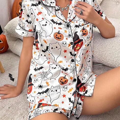 Womens Halloween Pajamas مجموعة الحرير شبح اليقطين طباعة زر قصير الأكمام مع القمامة مع سروال سمين صالة ملابس النوم in Kuwait