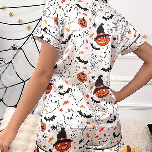 Womens Halloween Pajamas مجموعة الحرير شبح اليقطين طباعة زر قصير الأكمام مع القمامة مع سروال سمين صالة ملابس النوم in Kuwait