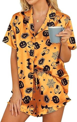 Womens Halloween Pajamas مجموعة الحرير شبح اليقطين طباعة زر قصير الأكمام مع القمامة مع سروال سمين صالة ملابس النوم in Kuwait