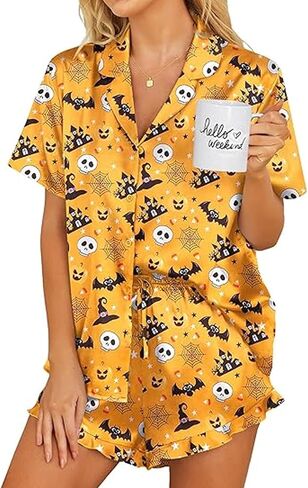 Womens Halloween Pajamas مجموعة الحرير شبح اليقطين طباعة زر قصير الأكمام مع القمامة مع سروال سمين صالة ملابس النوم in Kuwait