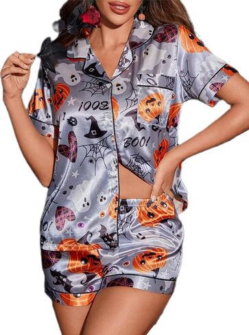 Womens Halloween Pajamas مجموعة الحرير شبح اليقطين طباعة زر قصير الأكمام مع القمامة مع سروال سمين صالة ملابس النوم in Kuwait