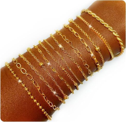 13 حزمة مساور سلسلة مطلية بالفضة ، سلاسل رابط فضية مع مشابك جراد البحر لصنع المجوهرات DIY ، الأساور ذات الطبقات القابلة للتكديس مجموعة هدية مجوهرات كل يوم لذيذ للنساء in Kuwait