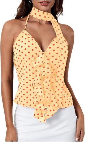 Makemechic Women's Polka Dots Halter Top V الرقبة الكشكشة الخالية من الخلف مع وشاح in Kuwait