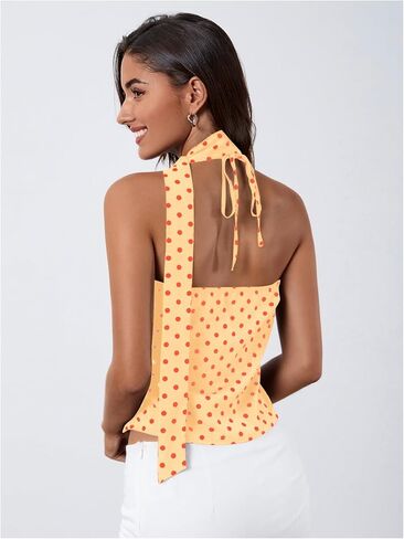 Makemechic Women's Polka Dots Halter Top V الرقبة الكشكشة الخالية من الخلف مع وشاح in Kuwait