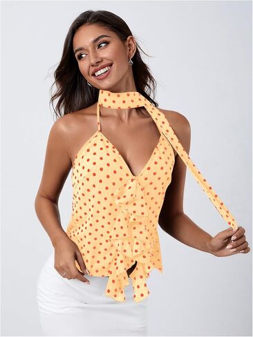Makemechic Women's Polka Dots Halter Top V الرقبة الكشكشة الخالية من الخلف مع وشاح in Kuwait