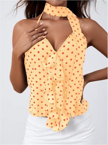 Makemechic Women's Polka Dots Halter Top V الرقبة الكشكشة الخالية من الخلف مع وشاح in Kuwait