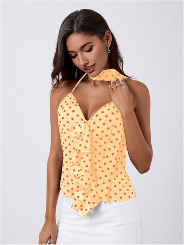 Makemechic Women's Polka Dots Halter Top V الرقبة الكشكشة الخالية من الخلف مع وشاح in Kuwait