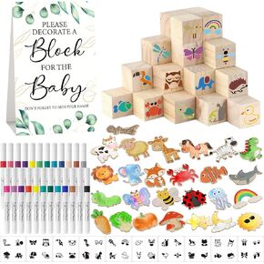 142 Pcs Baby Shower Game Sign Set Includes Decorative Square 52 DIY Blank Wooden Blocks 24 Paint Markers 25 Animal Woodcraft (Wood) in Saudi Arabia