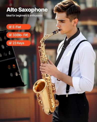 vevor alto saxophone ، e flat ، kit saxophone legh kit with carming acage ، liecpe ، أحزمة ، قضبان تنظيف ، قفازات ، شحوم ، حزام رقبة ، 23 مفتاح alto sax kit ، للطلاب المبتدئين ، الذهب ، الذهب in Saudi Arabia