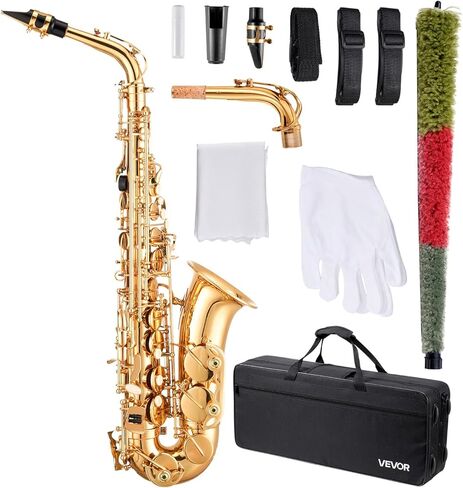 vevor alto saxophone ، e flat ، kit saxophone legh kit with carming acage ، liecpe ، أحزمة ، قضبان تنظيف ، قفازات ، شحوم ، حزام رقبة ، 23 مفتاح alto sax kit ، للطلاب المبتدئين ، الذهب ، الذهب in Saudi Arabia