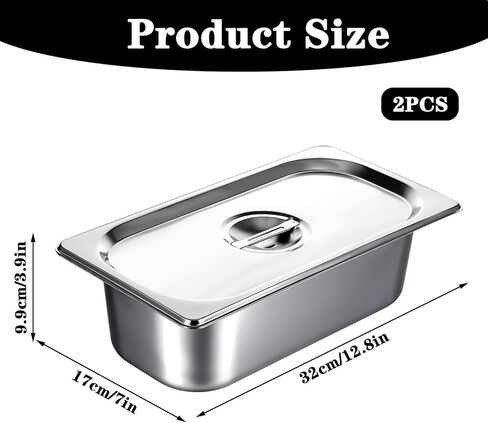 2 Pack 1/3 Size Hotel Pans with Lids, 3-5/8" Depth, 22 Gauge Steam Table Pan, Stainless Steel Counter pan, Food Service Pan for Kitchen in Saudi Arabia