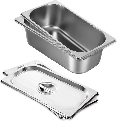 2 Pack 1/3 Size Hotel Pans with Lids, 3-5/8" Depth, 22 Gauge Steam Table Pan, Stainless Steel Counter pan, Food Service Pan for Kitchen in Saudi Arabia