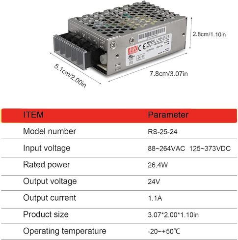 RS-25-24 24V 1.1A 26.4W Single Output Switching Power Supply - Compact, High Efficiency, 88-264VAC/125-373VDC - DIY Projects, Electronics in Kuwait