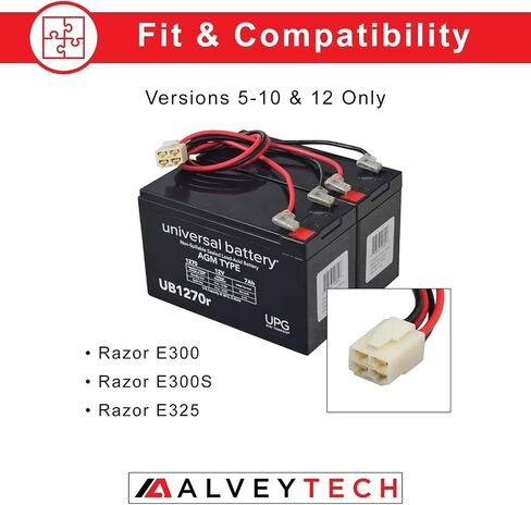 AlveyTech 24 Volt Battery Pack for Razor E300 & E325 Scooter (9Ah, Version 11 & 13+) - Replacement Set of 2 Premium Rechargeable AGM Batteries with Wiring Harness and 3-Pin 2-Wire Connector in Saudi Arabia