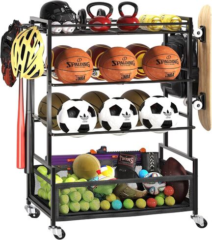 SOYEEZE Sports Equipment Organizer- Ball Storage for Garage,4 Tiers Outdoor Toy Storage,Soccer Racks,Basketball Shooting Training Stand Cart with Wheels and Hooks for Home-School and Gym Use in Kuwait