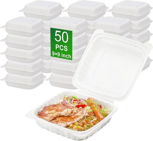 Clamshell Take Out Food Containers, 50 Pack 9x9 Inch 3-Compartment Hinged To Go Food Storage Containers with Lids, Disposable Plastic Meal Prep Lunch Boxes for Snacks, Salad and Sandwiches in Saudi Arabia