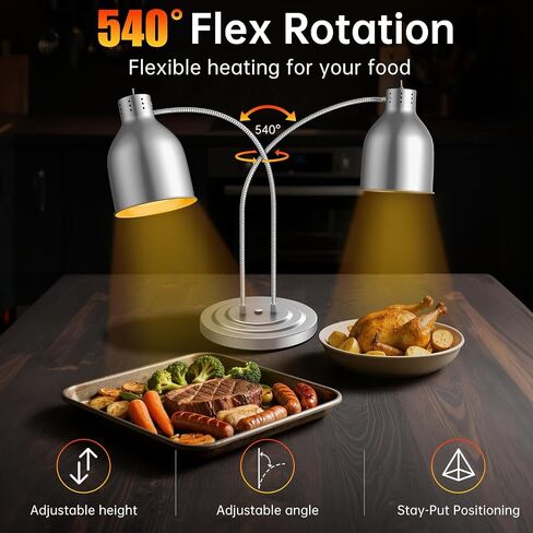 Food Heat Lamp, 500W Commercial Food Warmer Lamp, Rapid & Stable Heating 2-Head Electric Heat Lamp for Buffet, Parties, Catering, Restaurant, Kitchen, Home (Painted Silver) in Saudi Arabia