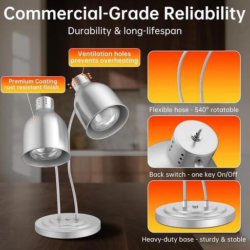 Food Heat Lamp, 500W Commercial Food Warmer Lamp, Rapid & Stable Heating 2-Head Electric Heat Lamp for Buffet, Parties, Catering, Restaurant, Kitchen, Home (Painted Silver) in Saudi Arabia