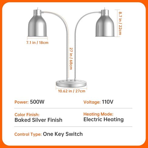 Food Heat Lamp, 500W Commercial Food Warmer Lamp, Rapid & Stable Heating 2-Head Electric Heat Lamp for Buffet, Parties, Catering, Restaurant, Kitchen, Home (Painted Silver) in Saudi Arabia