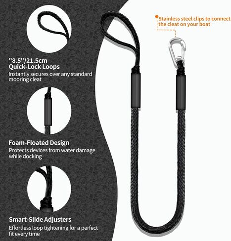 Bungee Dock Lines for Boats & Jet Skis – 6ft Heavy-Duty Elastic Mooring Rope with Single Hook – Stretches to 9ft – Black/Yellow&Black/Green&Yellow 2 Pack (Black) in Kuwait