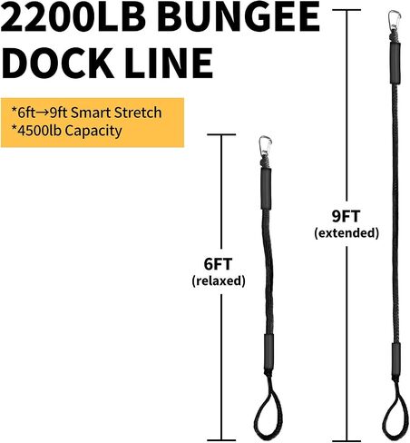 Bungee Dock Lines for Boats & Jet Skis – 6ft Heavy-Duty Elastic Mooring Rope with Single Hook – Stretches to 9ft – Black/Yellow&Black/Green&Yellow 2 Pack (Black) in Kuwait