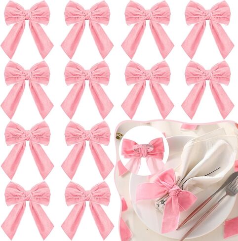 Maxdot 12pcs Pink Bow Napkin Rings Velvet Bow Tie Napkin Holder Chic Napkin Buckle Dinner Table Ring for Holiday Birthday Party Anniversary Dinner Wedding Dining Table Decoration in Saudi Arabia