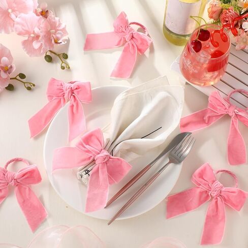 Maxdot 12pcs Pink Bow Napkin Rings Velvet Bow Tie Napkin Holder Chic Napkin Buckle Dinner Table Ring for Holiday Birthday Party Anniversary Dinner Wedding Dining Table Decoration in Saudi Arabia