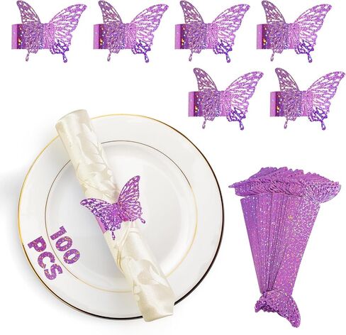 100 PCS 3D Purple Burple Sequed Butterfly Federfare Rings Flassware Wraps ، Iridescent Table Setup Wedding Valentines Day Event Party Supply Setting ، Decorde Buckles Decor （Purple） in Kuwait