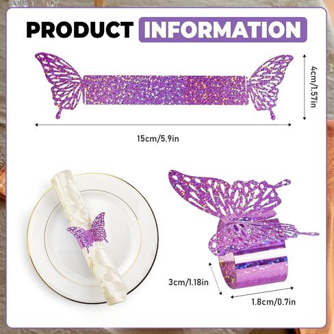 100 PCS 3D Purple Burple Sequed Butterfly Federfare Rings Flassware Wraps ، Iridescent Table Setup Wedding Valentines Day Event Party Supply Setting ، Decorde Buckles Decor （Purple） in Kuwait