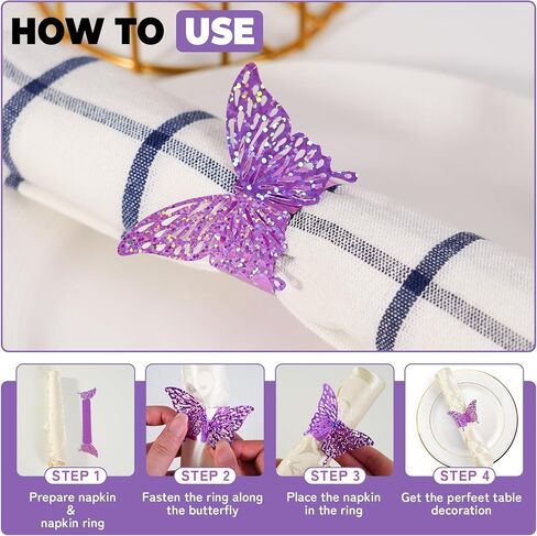 100 PCS 3D Purple Burple Sequed Butterfly Federfare Rings Flassware Wraps ، Iridescent Table Setup Wedding Valentines Day Event Party Supply Setting ، Decorde Buckles Decor （Purple） in Kuwait