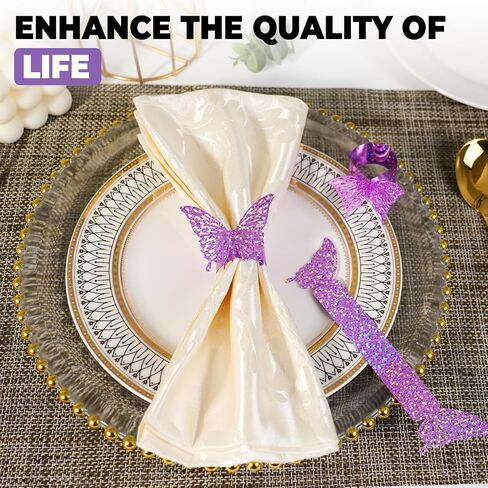 100 PCS 3D Purple Burple Sequed Butterfly Federfare Rings Flassware Wraps ، Iridescent Table Setup Wedding Valentines Day Event Party Supply Setting ، Decorde Buckles Decor （Purple） in Kuwait