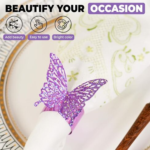 100 PCS 3D Purple Burple Sequed Butterfly Federfare Rings Flassware Wraps ، Iridescent Table Setup Wedding Valentines Day Event Party Supply Setting ، Decorde Buckles Decor （Purple） in Kuwait