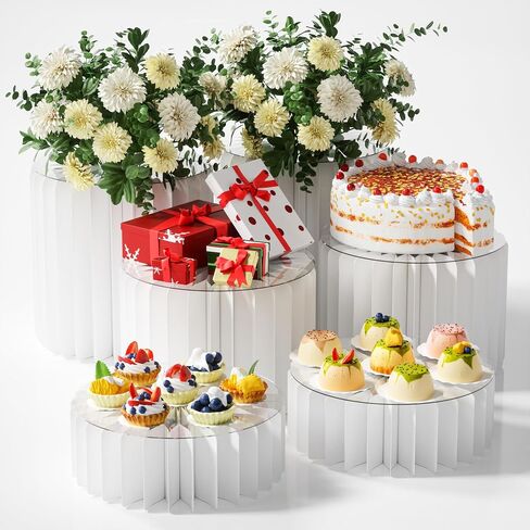 6 Pack Buffet Risers, Foldable Food Display Risers with Acrylic Disc, Dessert Table Display Set, Cardboard Paper Cupcake Cake Stand for Party Cylinder Stands for Parties Drink Collectibles Jewelry Figures, White in Kuwait