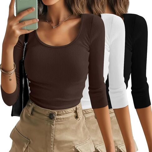 3 Pack Women's 3/4 Sleeve T Shirts Basic Scoop Neck Ribbed Knit Slim Fit Tops 2025 Summer Casual Tight Tees in Saudi Arabia