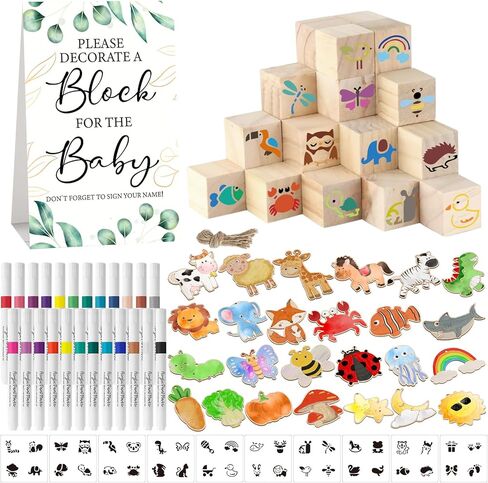 142 PCS مجموعة علامة دش الطفل تشمل مجموعة ديكور مربع 52 DIY فارغ كتل خشبية 24 علامة الطلاء 25 حيوانات وودر (الخشب) in Saudi Arabia