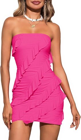 Wenrine Women's Sexy Strapless Mini Dress Summer Bodycon Sleeveless Mesh Ruffle Casual Tube Top Club Party Dresses in Saudi Arabia