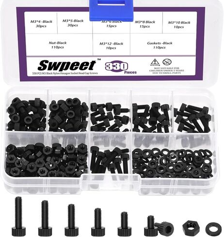 SWPEET 330PCS M4 6 أحجام أسود نايلون مقبس سداسي سداسي المصوّرات مع مجموعة غسالات تشويش ， مسامير رأس رأس سداسي بلاستيكية مسامير البراغي ، مسامير بلاستيكية سداسية كاملة ، طول 6/8/10/10/15/12 ملم in Saudi Arabia