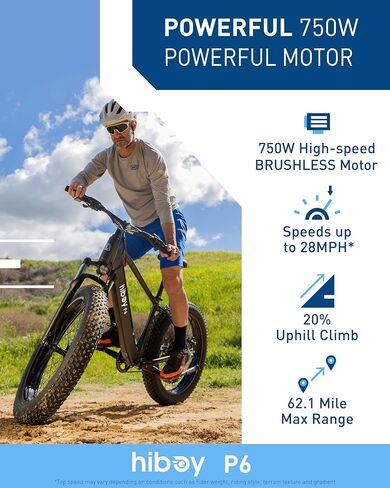 Hiboy P6 Electric Bike for Adults, 28MPH 62.1Miles Range 1000W Peak Motor 48V 13Ah Removable Battery Ebike, 26" x 4.0" Fat Tire Electric Bicycle, Shimano 7 Speed, Hydraulic Suspension, UL Certified in Kuwait