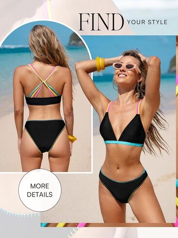 CUPSHE Women's Bikini Sets Two Piece Swimsuit V Neck Crisscross Back Low Rise Stitching Cheeky Bottom in Saudi Arabia