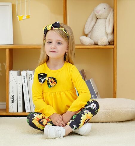 Ayzozuy Toddler Baby Girl Clothes Floral Outfit Ruffle Sleeve Shirt with Headband 3PC Pant Set Fall Clothing for Girl in Saudi Arabia