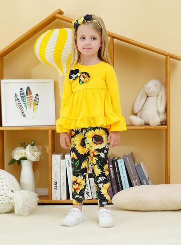 Ayzozuy Toddler Baby Girl Clothes Floral Outfit Ruffle Sleeve Shirt with Headband 3PC Pant Set Fall Clothing for Girl in Saudi Arabia